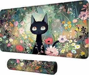 Black Cat Among Flowers for MTG & TCG Playmat, 24" x 14" Mouse Pad for MTG/RPG/CCG Trading Card Games