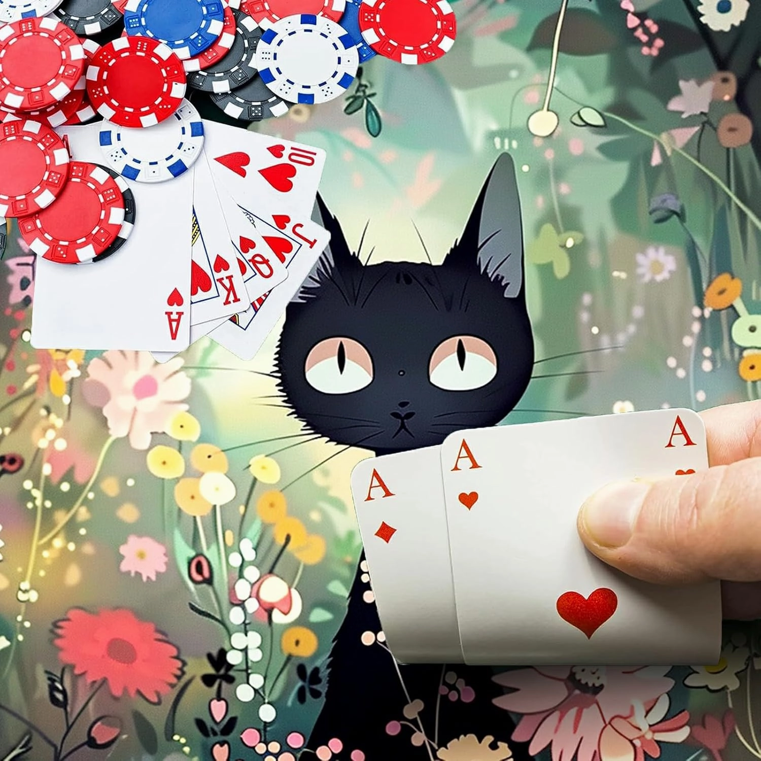 Black Cat Among Flowers for MTG & TCG Playmat, 24" x 14" Mouse Pad for MTG/RPG/CCG Trading Card Games