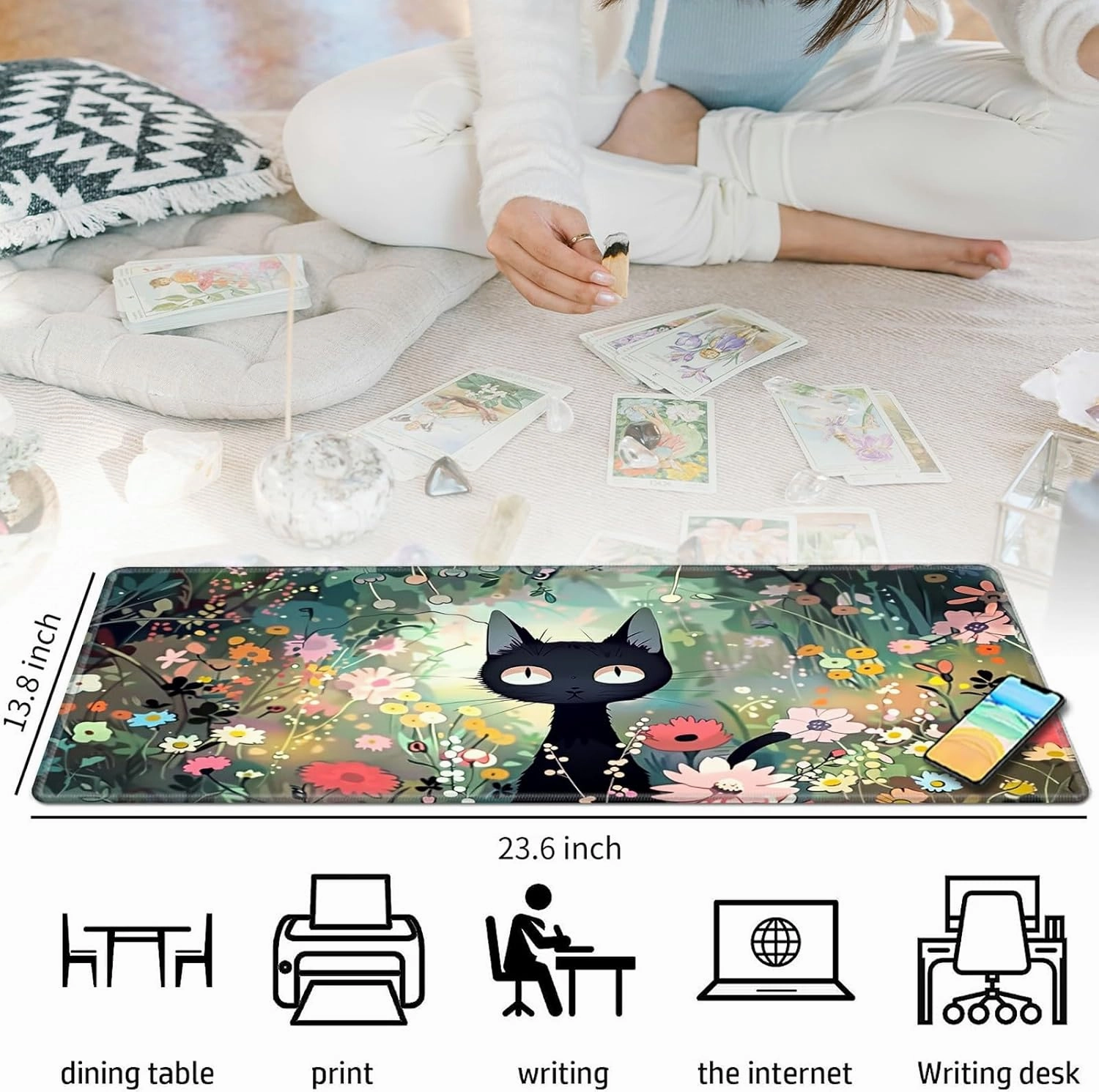 Black Cat Among Flowers for MTG & TCG Playmat, 24" x 14" Mouse Pad for MTG/RPG/CCG Trading Card Games