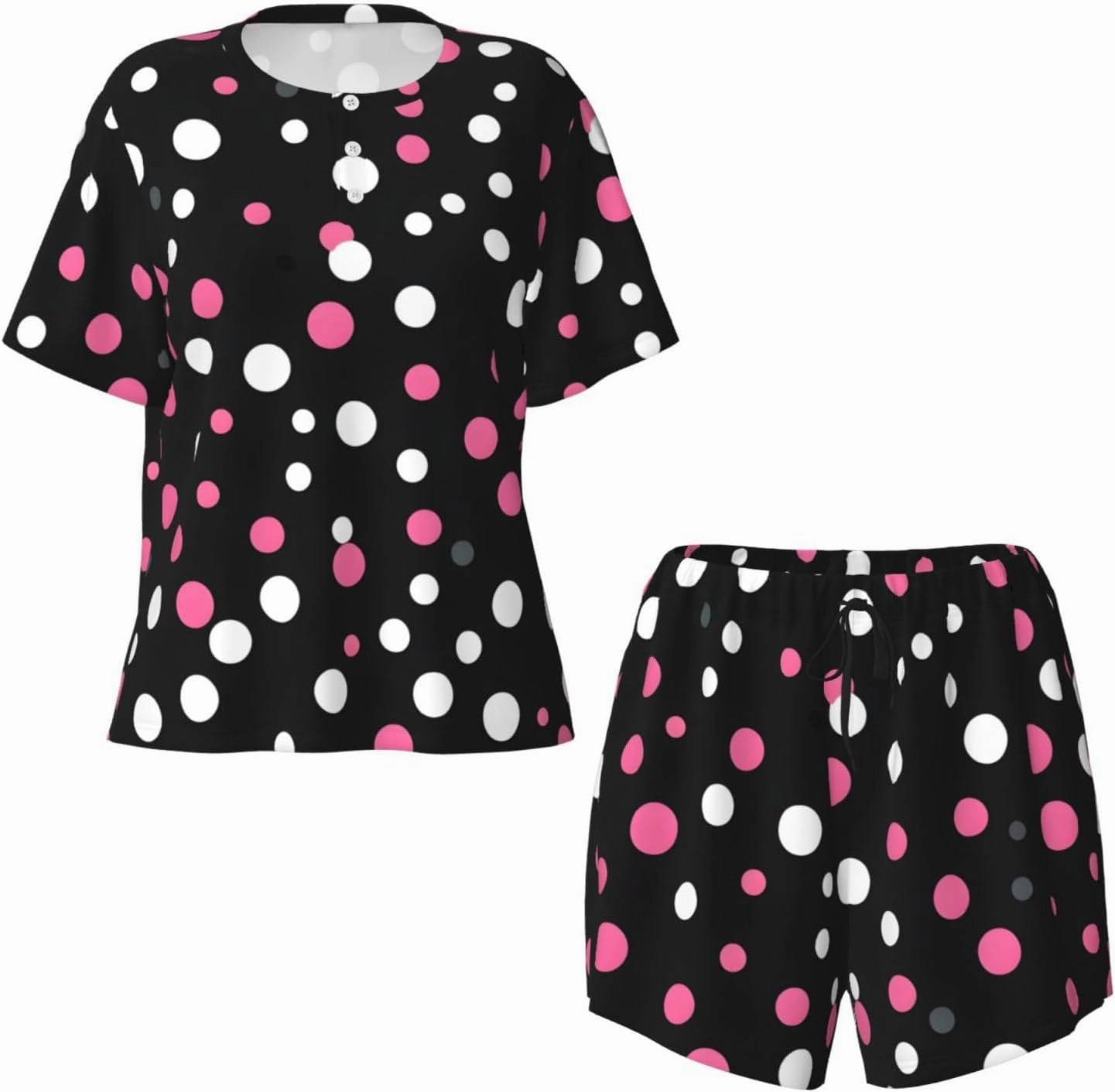 Black Polka Dots Women'S Pajama Set Soft Short Sleeve Top With Pants Shortwear Sleepwear Pajamas