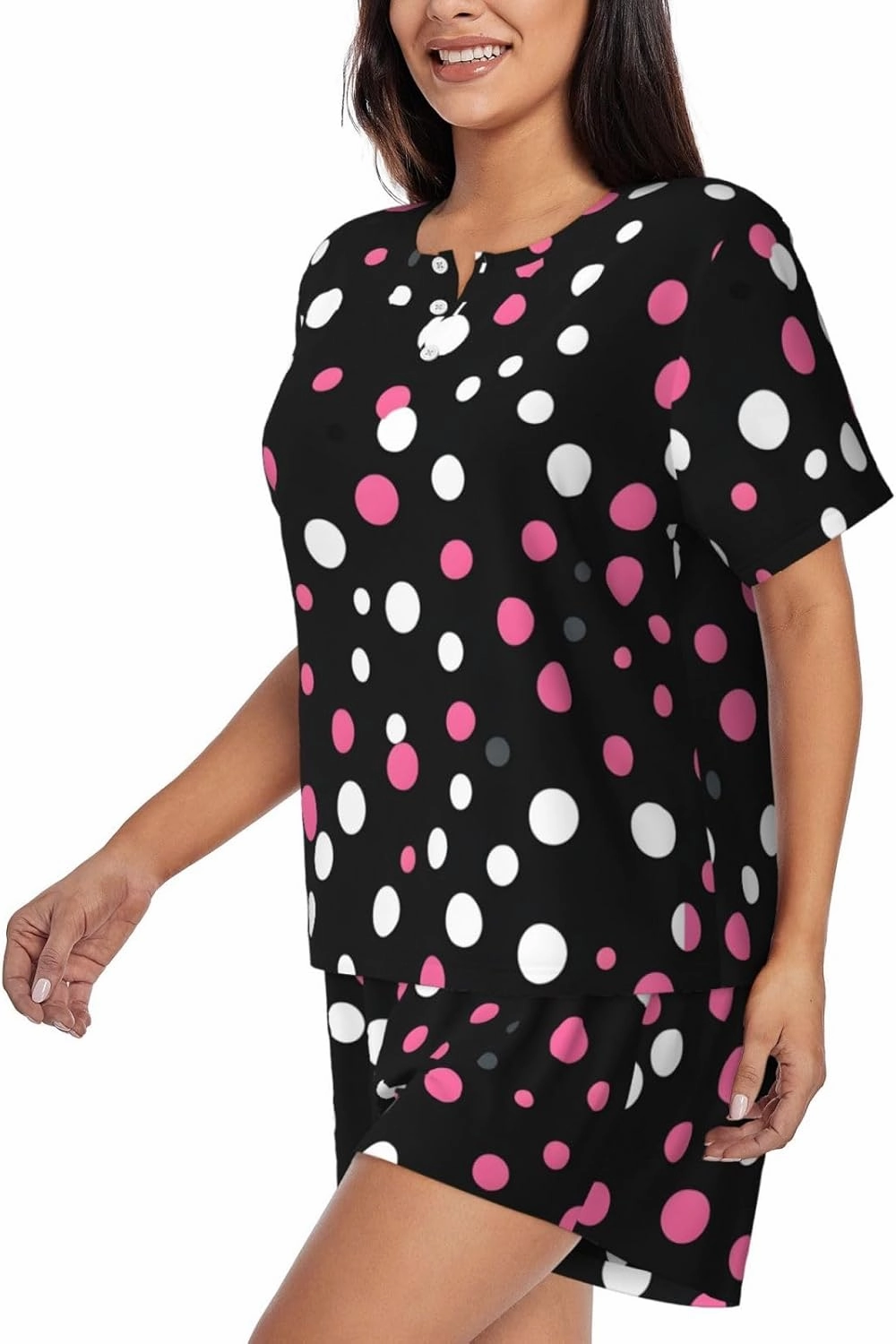 Black Polka Dots Women'S Pajama Set Soft Short Sleeve Top With Pants Shortwear Sleepwear Pajamas