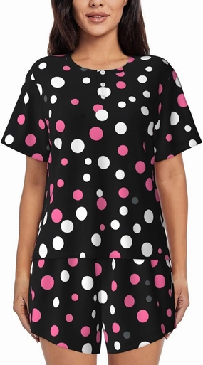 Black Polka Dots Women'S Pajama Set Soft Short Sleeve Top With Pants Shortwear Sleepwear Pajamas