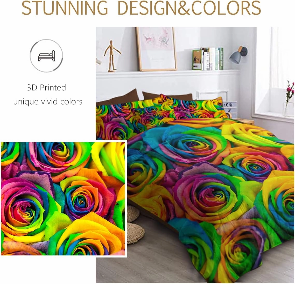 BlessLiving Rainbow Rose Bed in A Bag Twin Colorful Flower Comforter Set 8 Pieces Bedding Set for Women (1 Comforter, 2 Pillowcases, 2 Pillow Shams, 1 Flat Sheet, 1 Fitted Sheet, 1 Cushion Cover)