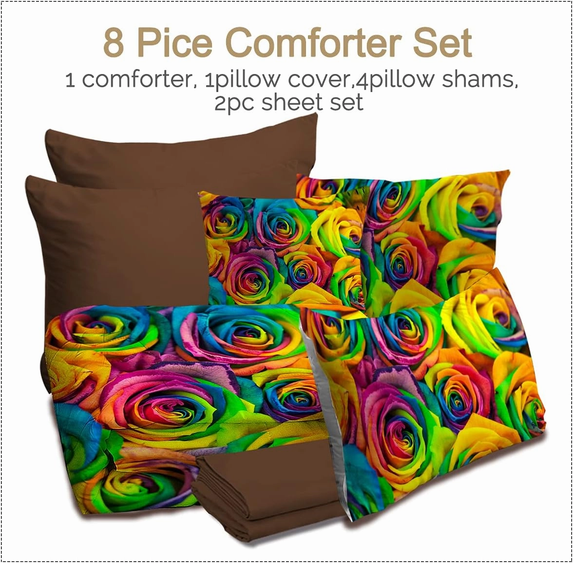 BlessLiving Rainbow Rose Bed in A Bag Twin Colorful Flower Comforter Set 8 Pieces Bedding Set for Women (1 Comforter, 2 Pillowcases, 2 Pillow Shams, 1 Flat Sheet, 1 Fitted Sheet, 1 Cushion Cover)