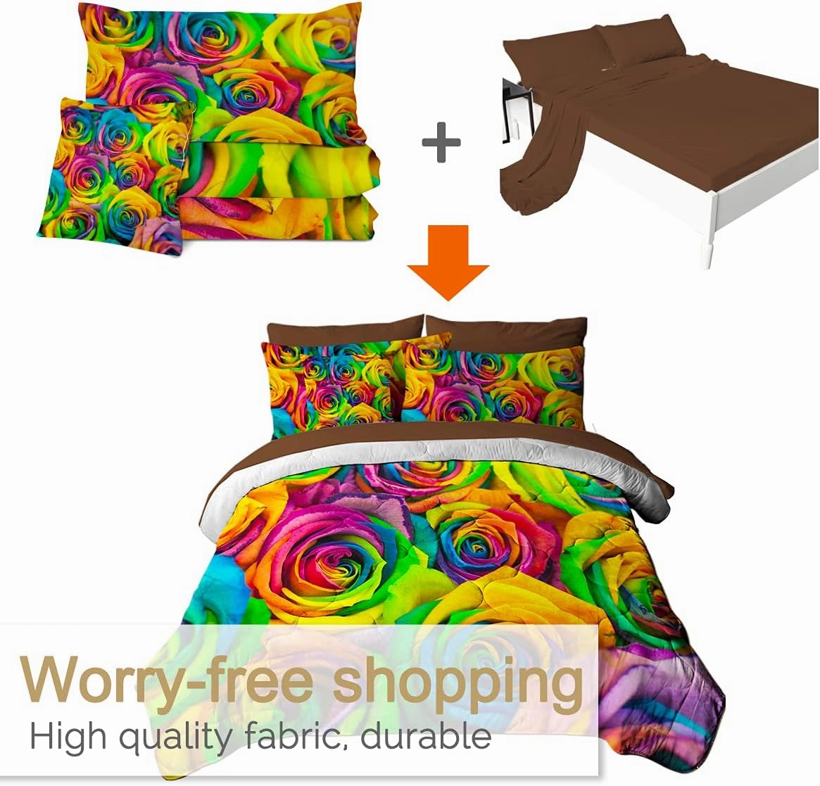 BlessLiving Rainbow Rose Bed in A Bag Twin Colorful Flower Comforter Set 8 Pieces Bedding Set for Women (1 Comforter, 2 Pillowcases, 2 Pillow Shams, 1 Flat Sheet, 1 Fitted Sheet, 1 Cushion Cover)