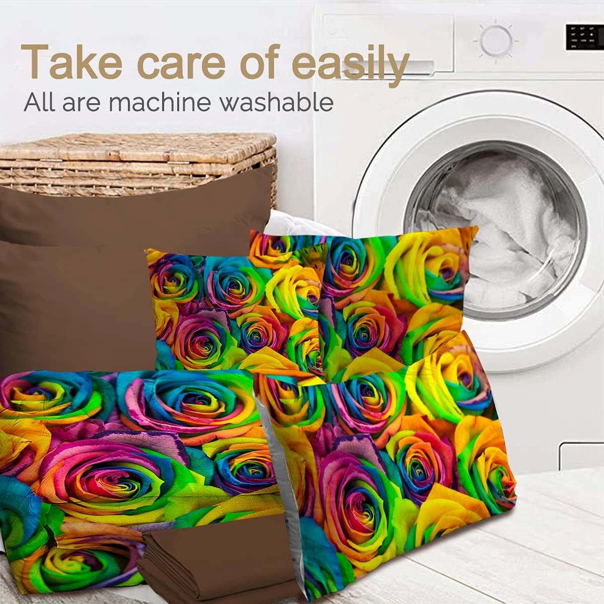 BlessLiving Rainbow Rose Bed in A Bag Twin Colorful Flower Comforter Set 8 Pieces Bedding Set for Women (1 Comforter, 2 Pillowcases, 2 Pillow Shams, 1 Flat Sheet, 1 Fitted Sheet, 1 Cushion Cover)
