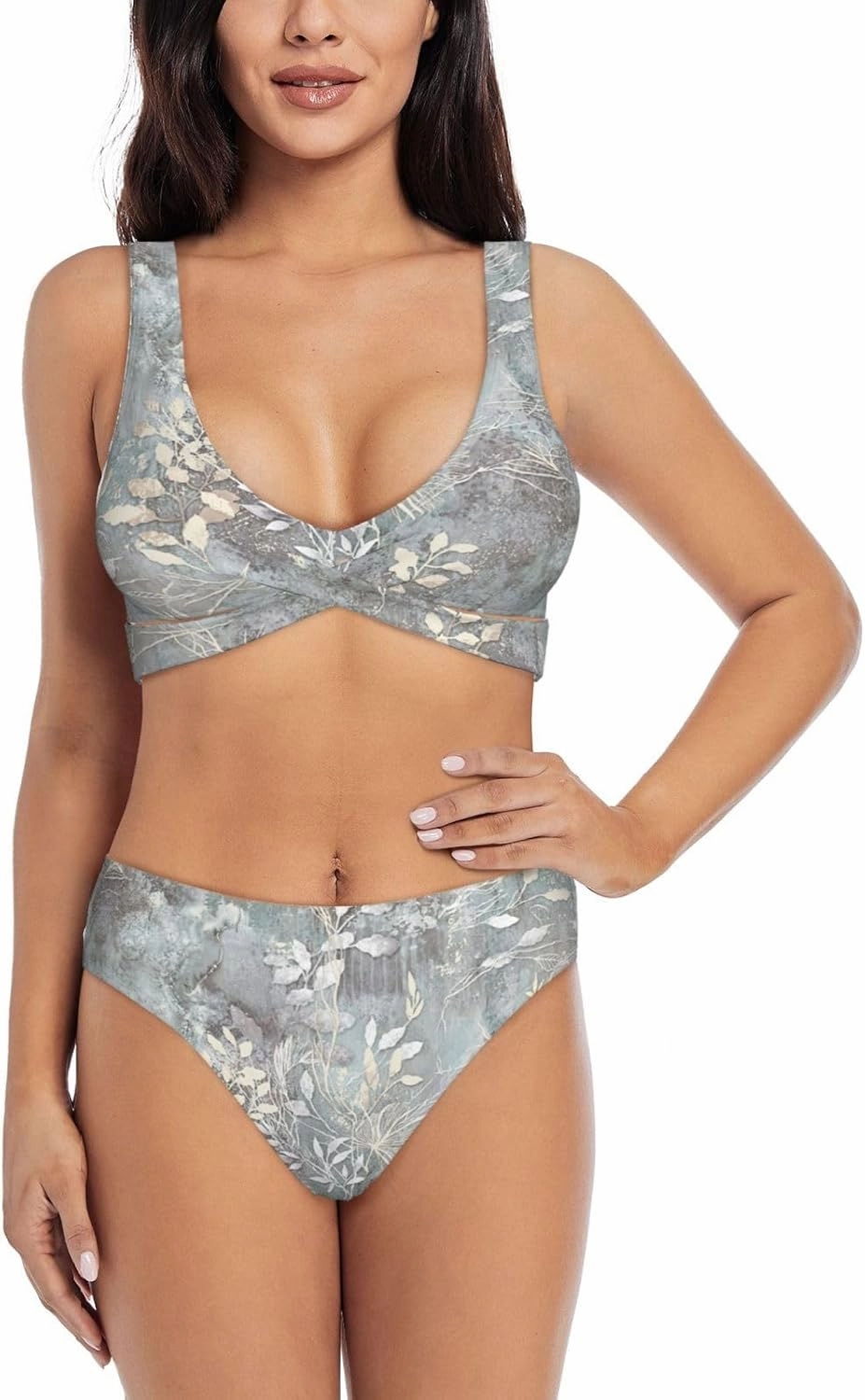Blue Grace Flora Print Bikini Two Piece Swimwear for Women, Criss Cross Bathing Suits Split Push-Up Design