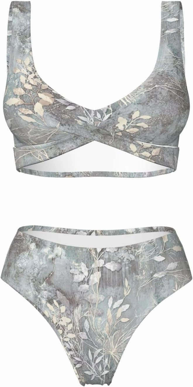 Blue Grace Flora Print Bikini Two Piece Swimwear for Women, Criss Cross Bathing Suits Split Push-Up Design