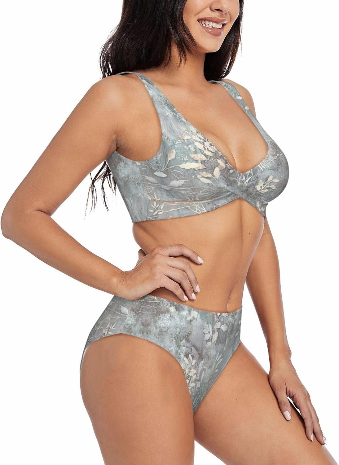 Blue Grace Flora Print Bikini Two Piece Swimwear for Women, Criss Cross Bathing Suits Split Push-Up Design