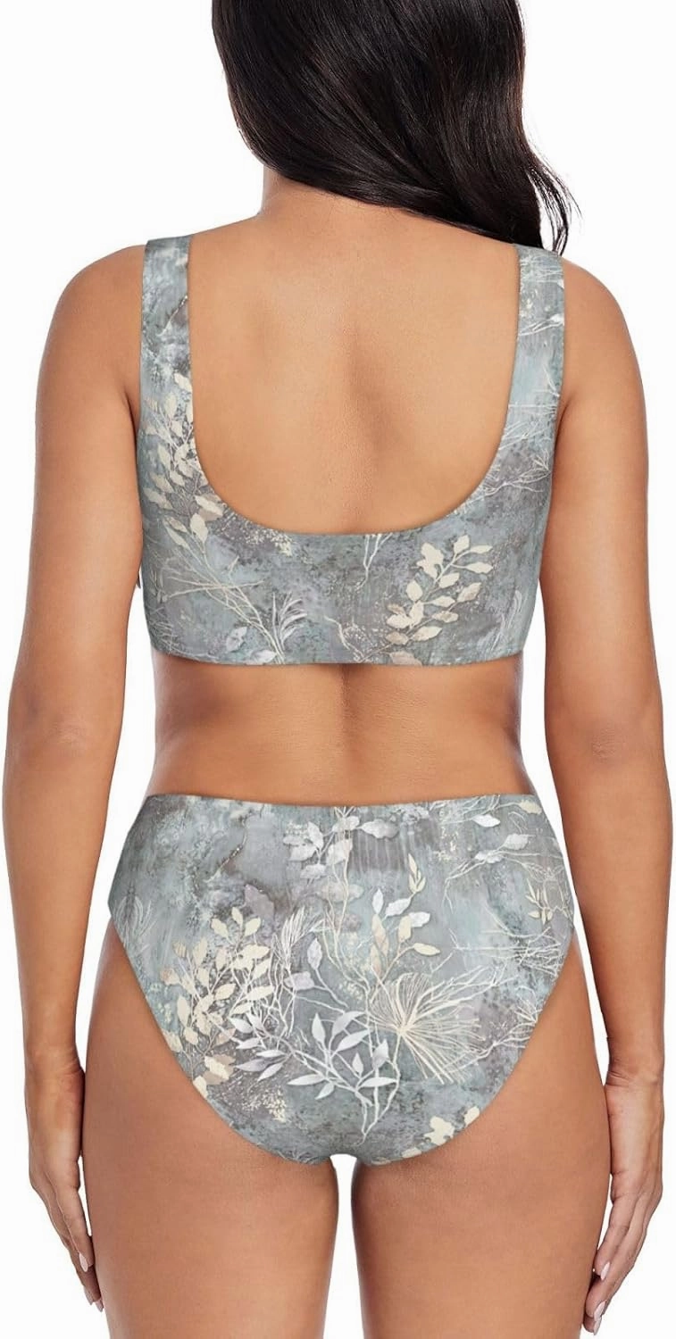 Blue Grace Flora Print Bikini Two Piece Swimwear for Women, Criss Cross Bathing Suits Split Push-Up Design