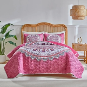 Boho Quilt Set King Size - Reversible Summer Bohemian Quilt Bedding Set, 3 Pieces Colorful Lightweight Microfiber Bedspread Pink Elephant Floral Coverlet Set with 2 Pillow Shams for All Seasons