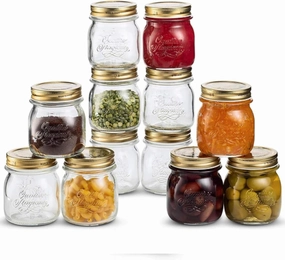 Bormioli Rocco Quattro Stagioni Small Glass Mason Jars 8.5 Ounce Mini Jars 12-Pack, with Metal Airtight Lid, For Jam, Jelly, baby food, Crafts, Spices, Dry Food Storage, Wedding favors, Decorating Jar