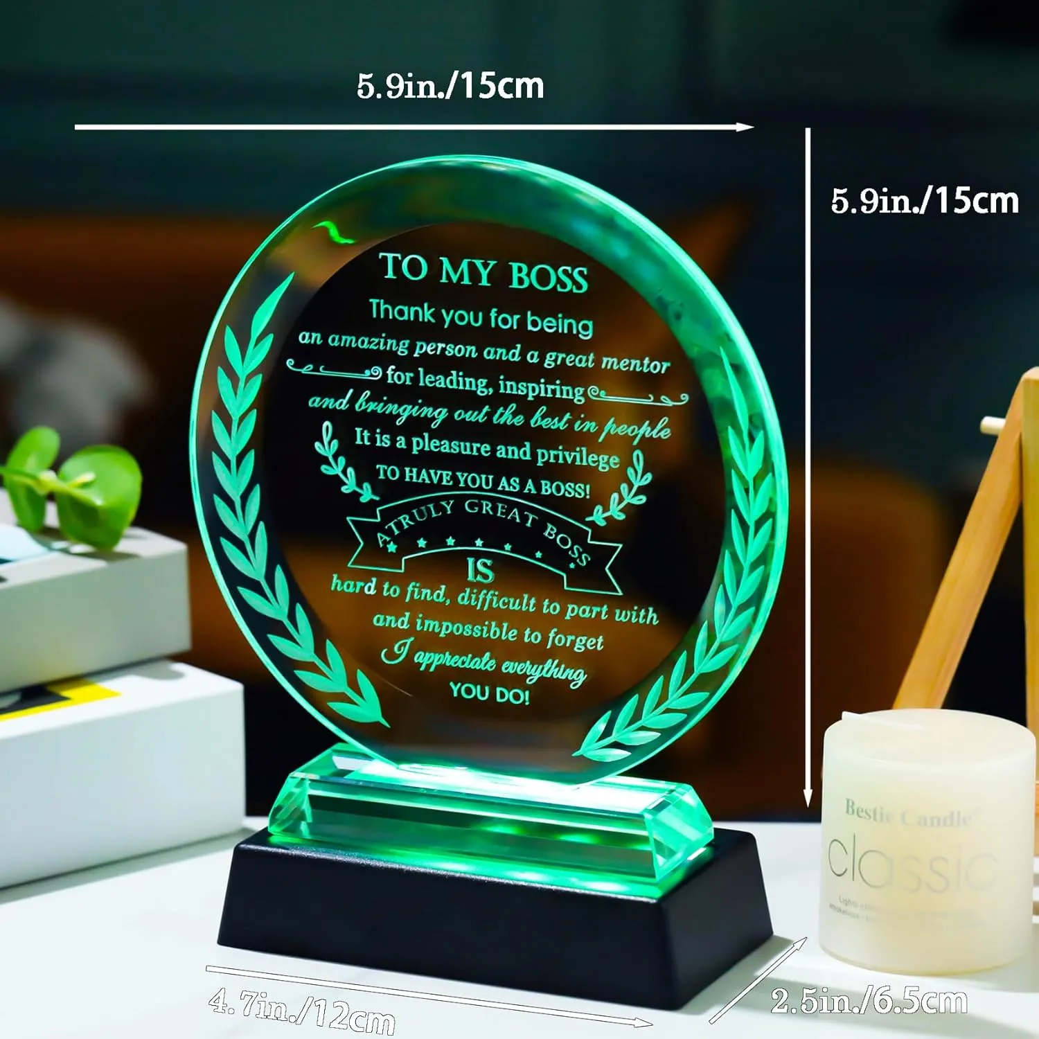 Boss Gifts for Men Women with Colorful LED Base Best Going Away Retirement Appreciation Gift for Mentor Leader Crystal Plaque Thank You Farewell Gifts on Boss Day Birthday Christmas