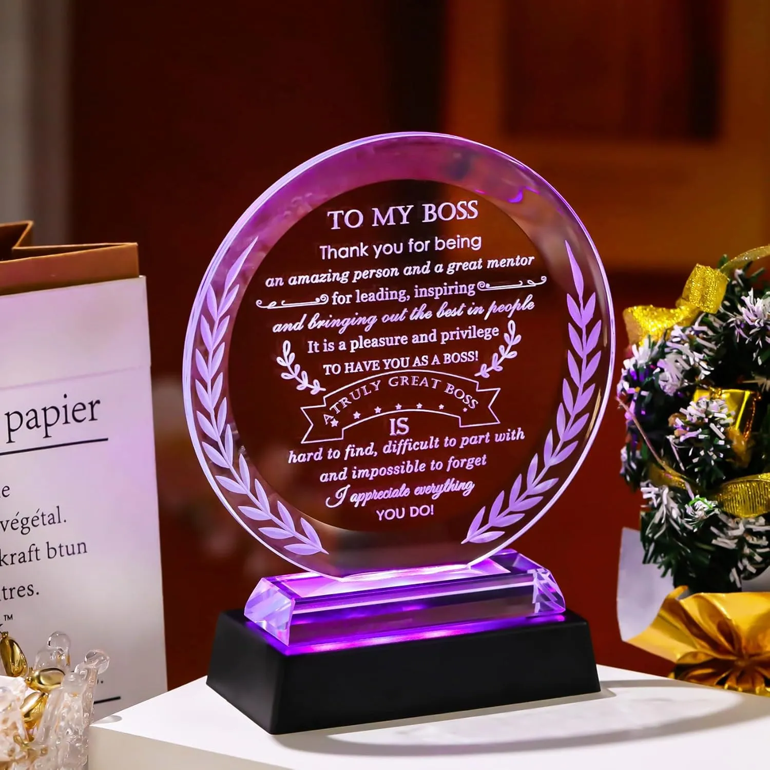 Boss Gifts for Men Women with Colorful LED Base Best Going Away Retirement Appreciation Gift for Mentor Leader Crystal Plaque Thank You Farewell Gifts on Boss Day Birthday Christmas