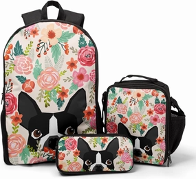Boston Terrier Backpack 3PCS Set Dog Floral Colorful Printed Bookbags Lightweight School Daypack for Kids Teens Boy Girl with Pen Case Insulated Bag