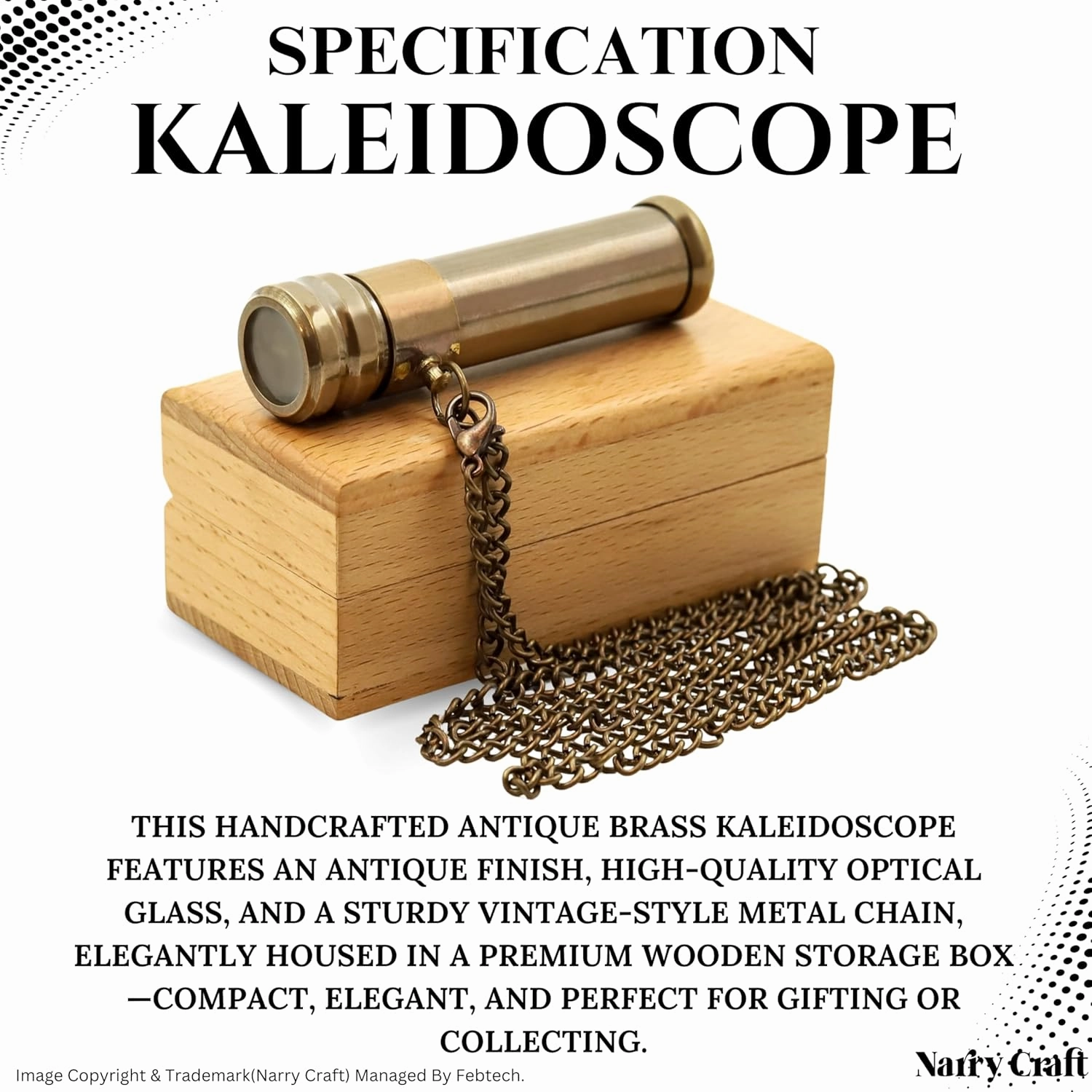 Brass Kaleidoscope with Wooden Box | Handcrafted Vintage Kaleidoscope with Optical Glass Lens & Wooden Storage Box – Collectible Gift for Kids & Adults (Silver/Brass, Small)