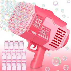 Bubble Gun, Upgraded 132-hole Bubble Machine Gun with Color Light, Bazooka Bubble Machine, Suitable for Children Adults, Indoor and Outdoor Birthday Wedding Party Events (Pink)