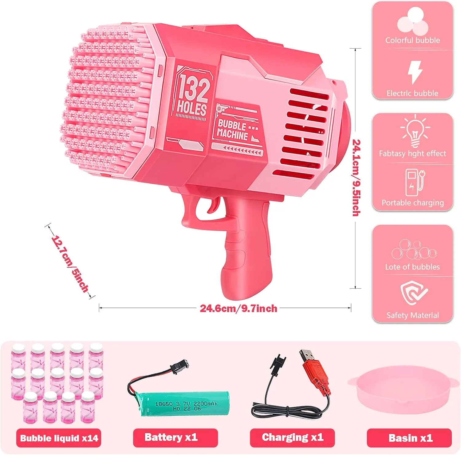 Bubble Gun, Upgraded 132-hole Bubble Machine Gun with Color Light, Bazooka Bubble Machine, Suitable for Children Adults, Indoor and Outdoor Birthday Wedding Party Events (Pink)