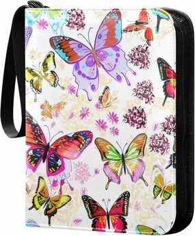 Burbuja Colorful Butterflies Flowers Card Binder, 4 Pockets Trading Card Binder, Portable Card Albums Fits 400 Cards with 50 Removable Sleeves for Sport Cards Game Cards