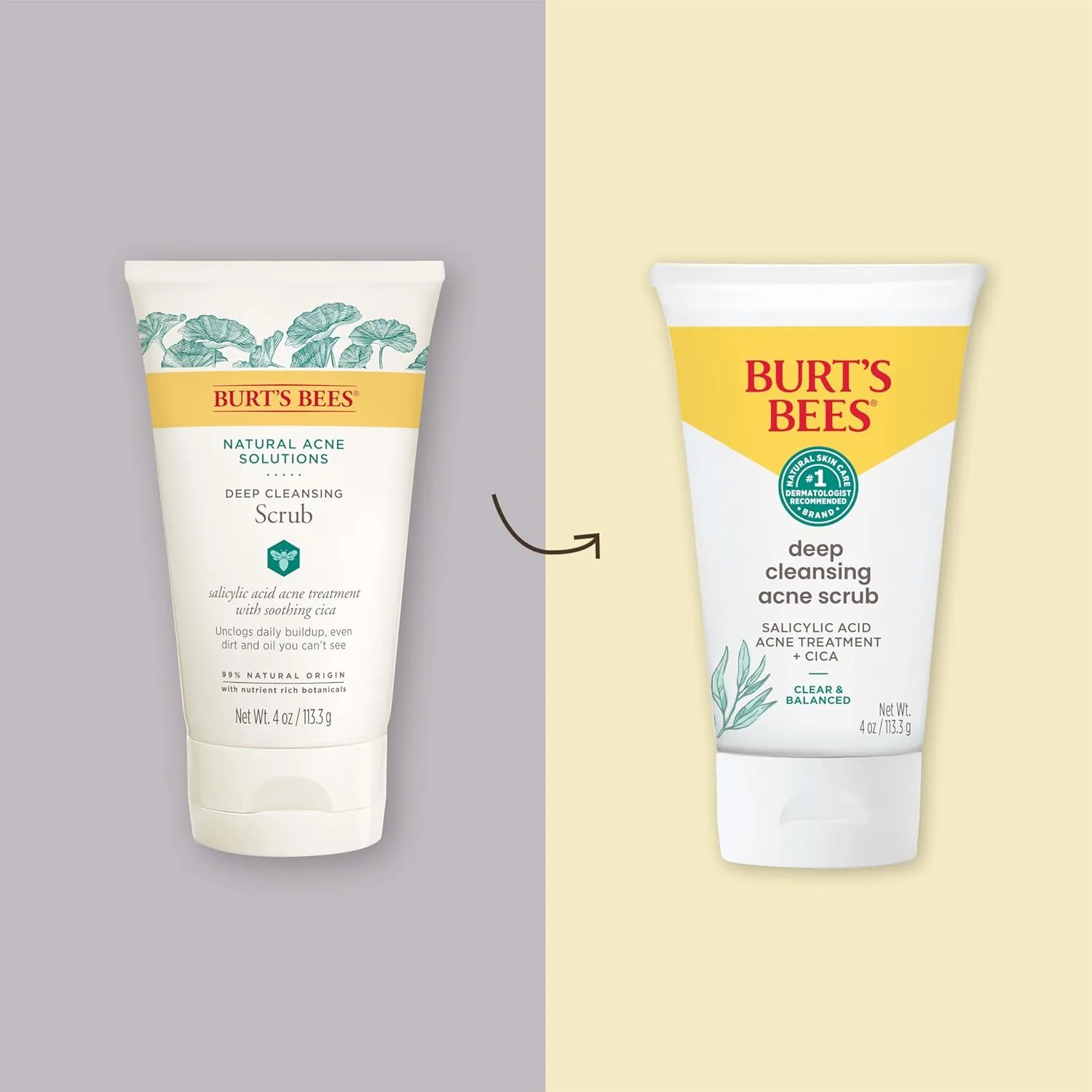 Burt’s Bees Clear and Balanced Deep Cleansing Acne Scrub, Salicylic Acid Acne Treatment with Cica, Facial Cream Exfoliator Helps Unclog Pores and Reduce Acne, 4 Oz (Pack of 2)