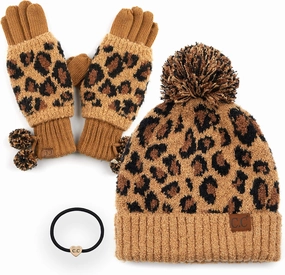 C.C Exclusives Soft Beanie hat with Leopard Pattern and Fur Pom(HAT-7001)(SF-7001)