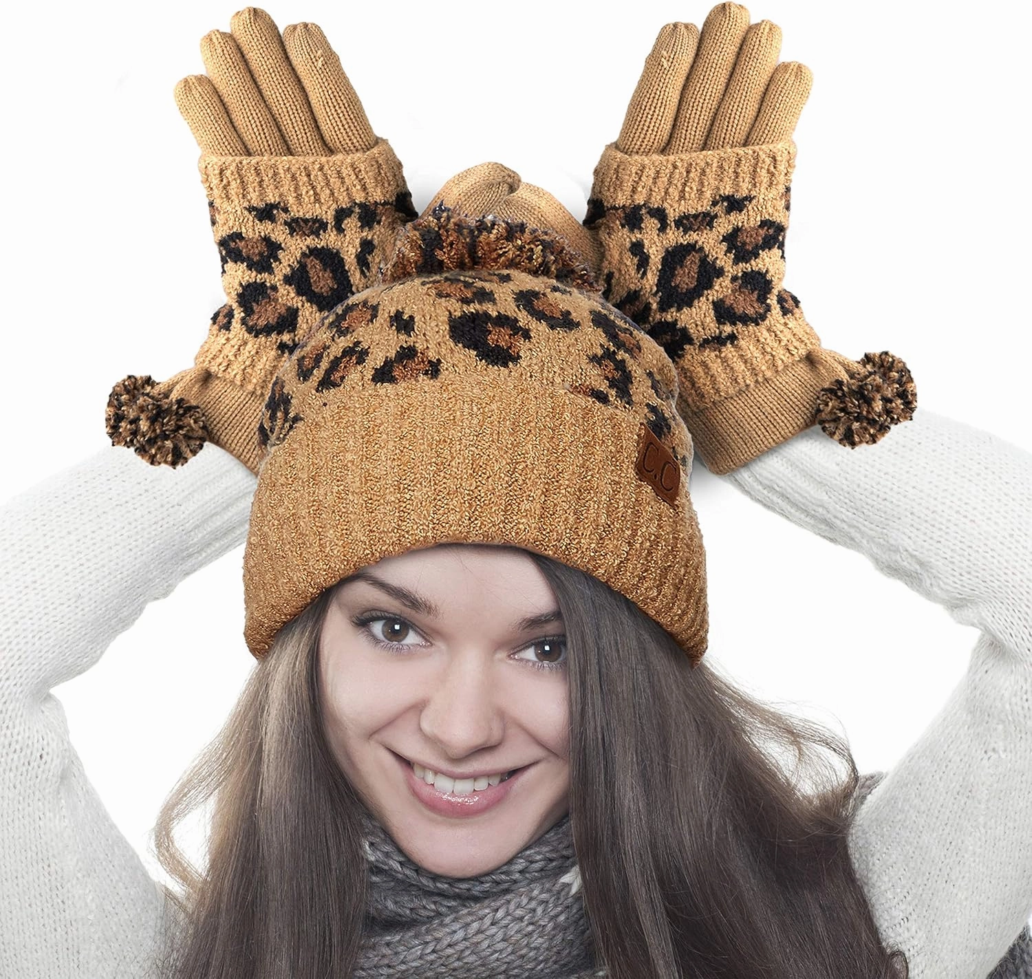 C.C Exclusives Soft Beanie hat with Leopard Pattern and Fur Pom(HAT-7001)(SF-7001)