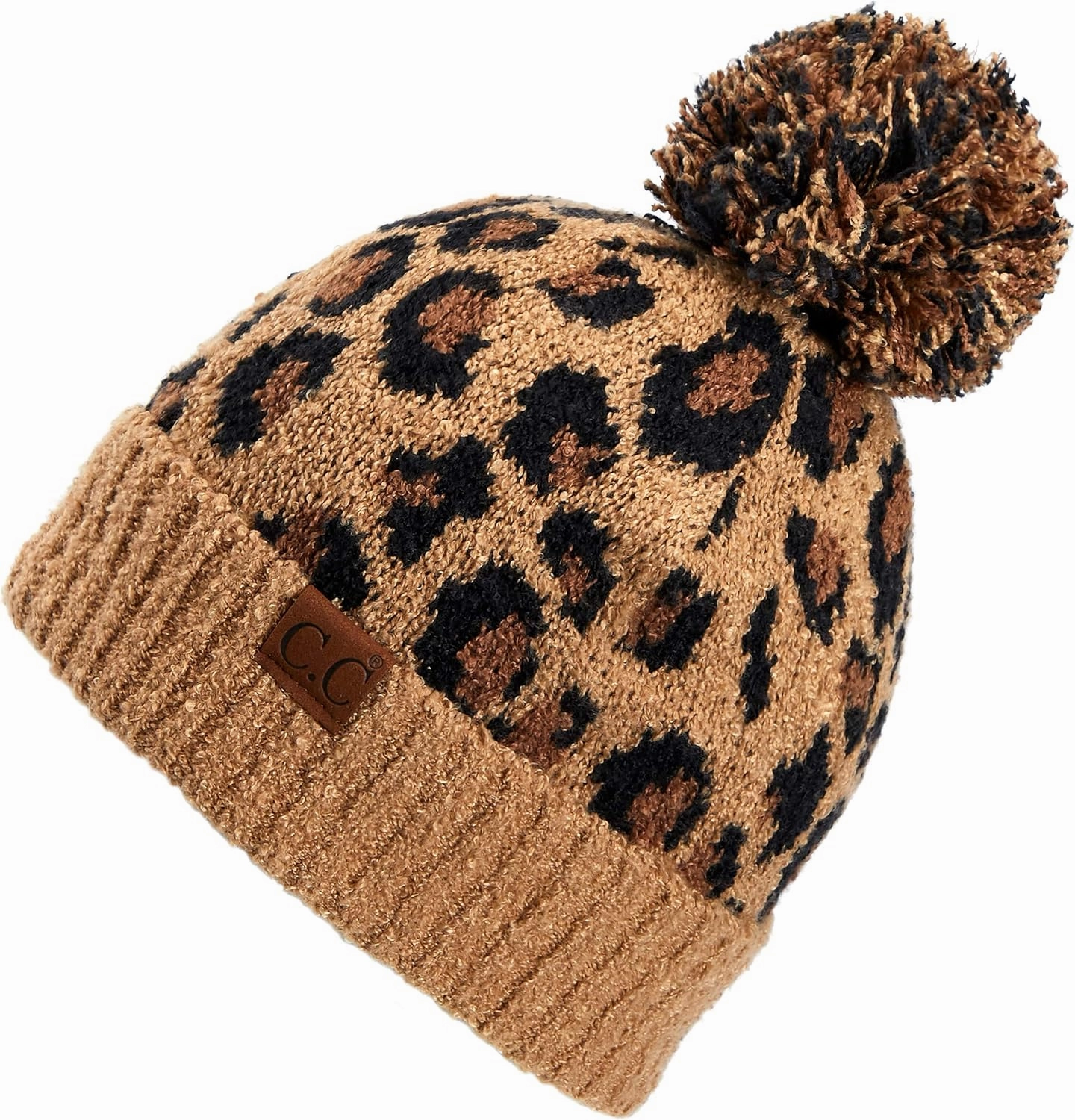 C.C Exclusives Soft Beanie hat with Leopard Pattern and Fur Pom(HAT-7001)(SF-7001)