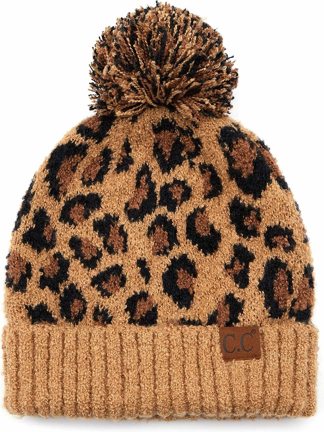 C.C Exclusives Soft Beanie hat with Leopard Pattern and Fur Pom(HAT-7001)(SF-7001)