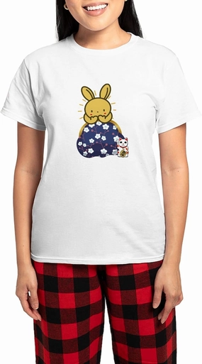 CafePress Japanese Style Rabbit With Purse Pajamas Women's Novelty Cotton Pajama Set, Comfortable PJ Sleepwear