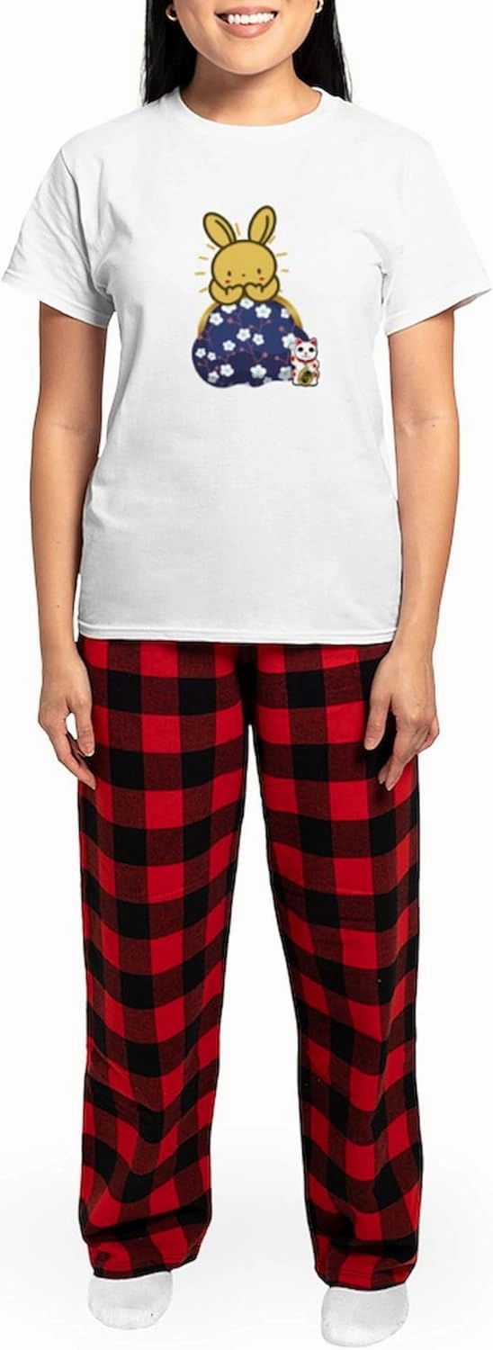 CafePress Japanese Style Rabbit With Purse Pajamas Women's Novelty Cotton Pajama Set, Comfortable PJ Sleepwear