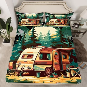 Camping RV Trailer Bedding Set Full Size 3 Pcs Watercolor Jungle Green Pine Trees Fitted Sheet for Kids Teens Adults Yellow Moon Adventure Theme Bed Sheet with 2 Pillowcases