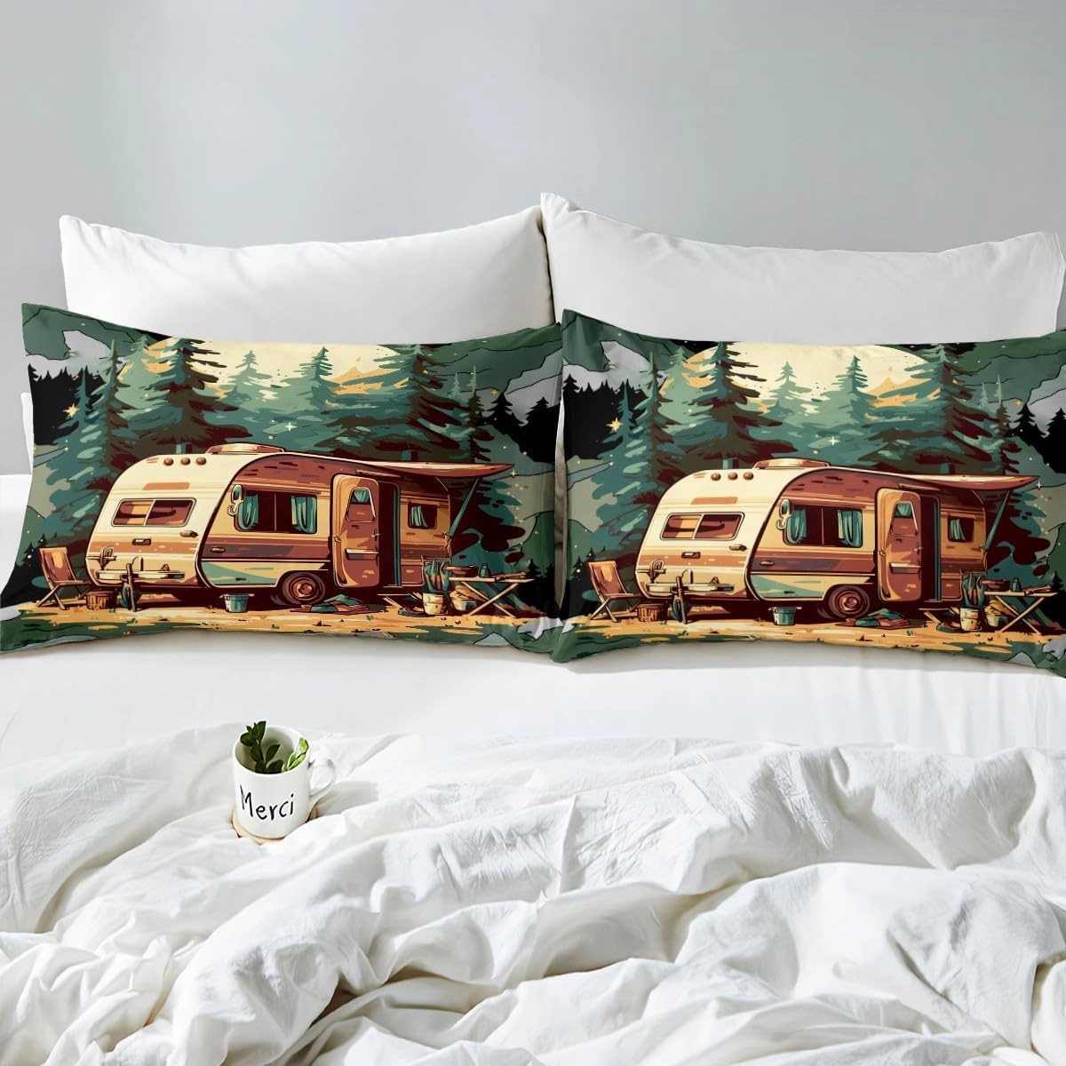 Camping RV Trailer Bedding Set Full Size 3 Pcs Watercolor Jungle Green Pine Trees Fitted Sheet for Kids Teens Adults Yellow Moon Adventure Theme Bed Sheet with 2 Pillowcases