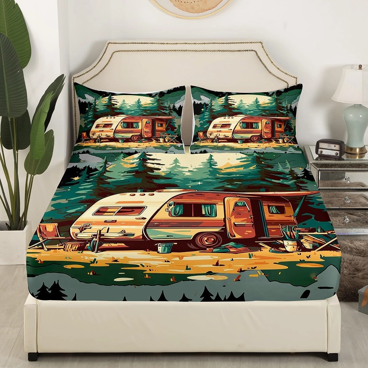 Camping RV Trailer Bedding Set Full Size 3 Pcs Watercolor Jungle Green Pine Trees Fitted Sheet for Kids Teens Adults Yellow Moon Adventure Theme Bed Sheet with 2 Pillowcases