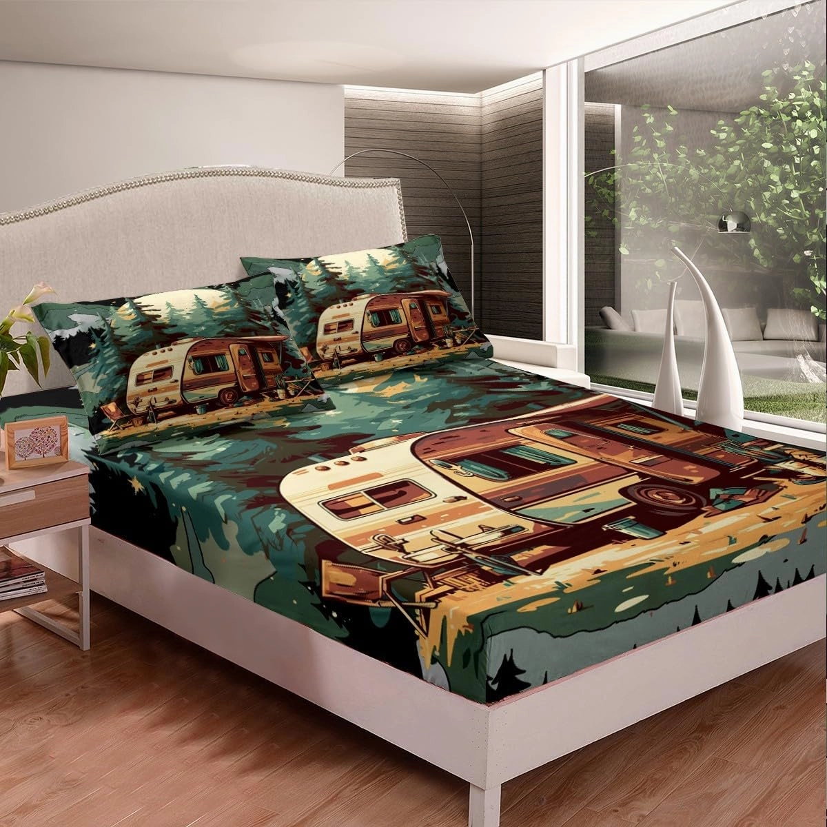 Camping RV Trailer Bedding Set Full Size 3 Pcs Watercolor Jungle Green Pine Trees Fitted Sheet for Kids Teens Adults Yellow Moon Adventure Theme Bed Sheet with 2 Pillowcases