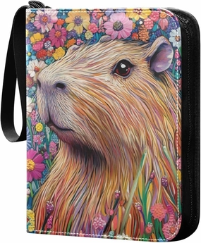 Capybara Flowers Colorful 4 Pockets Trading Card Album Folder for Cards PU Cover Zip Card Binder with 400 Side Loading Pockets Premium Card Book for Collectible Boys Girls Game Sports Cards MTG TCG