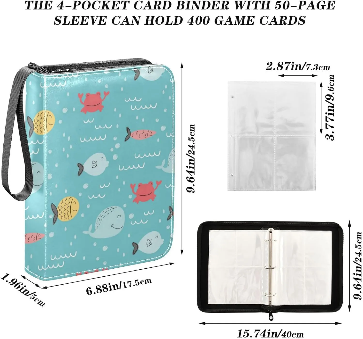 Card Binder Sports Card Binder Trading Card binder 4 Card Binder for Game Cards Sports Cards Photos Colorful Sea Fish Blue