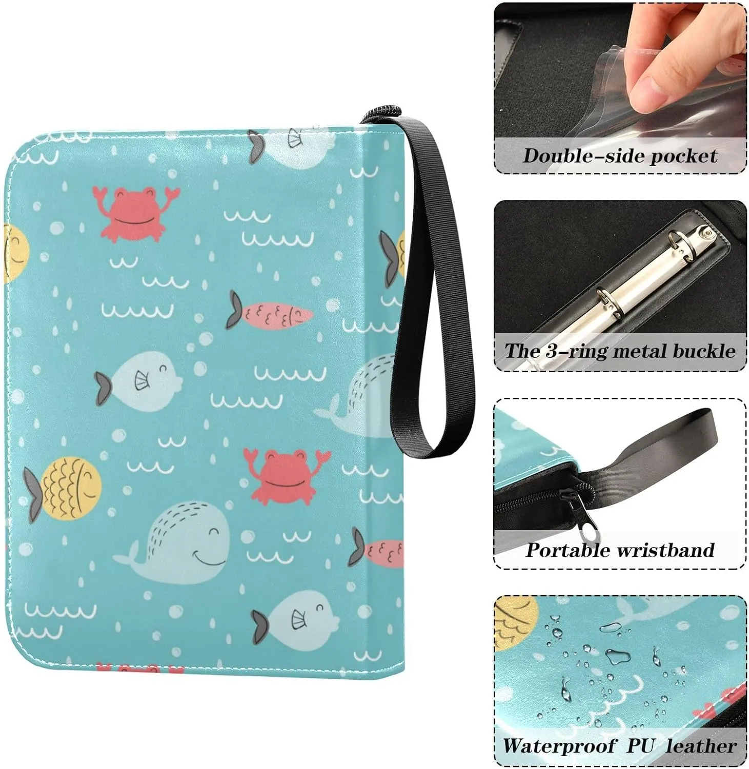 Card Binder Sports Card Binder Trading Card binder 4 Card Binder for Game Cards Sports Cards Photos Colorful Sea Fish Blue