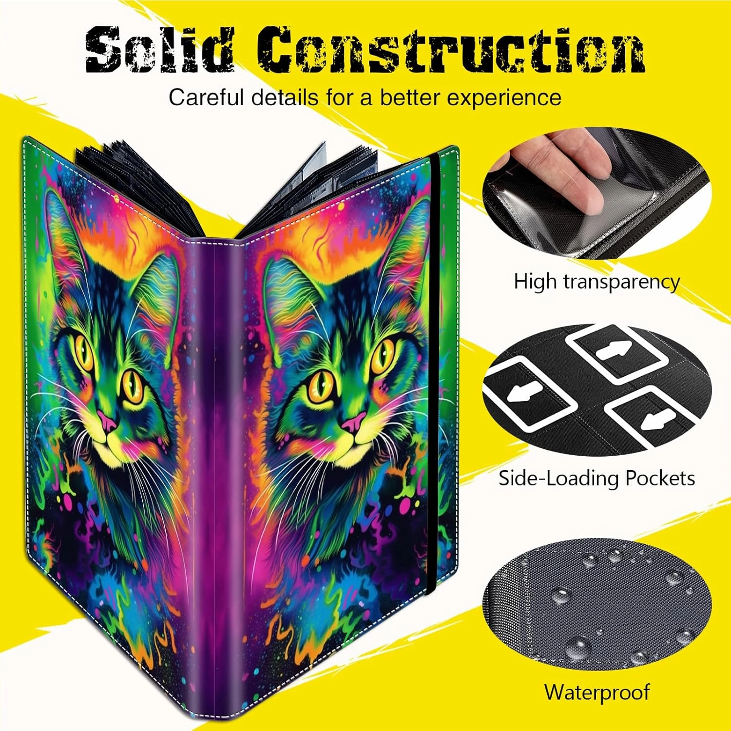 Card Binder - 9 Pocket Trading Card Album Folder,Leather 360 Side Loading Pocket Card Collection Binder for MTG,TCG,Sport Baseball,Colorful Cat Kitten