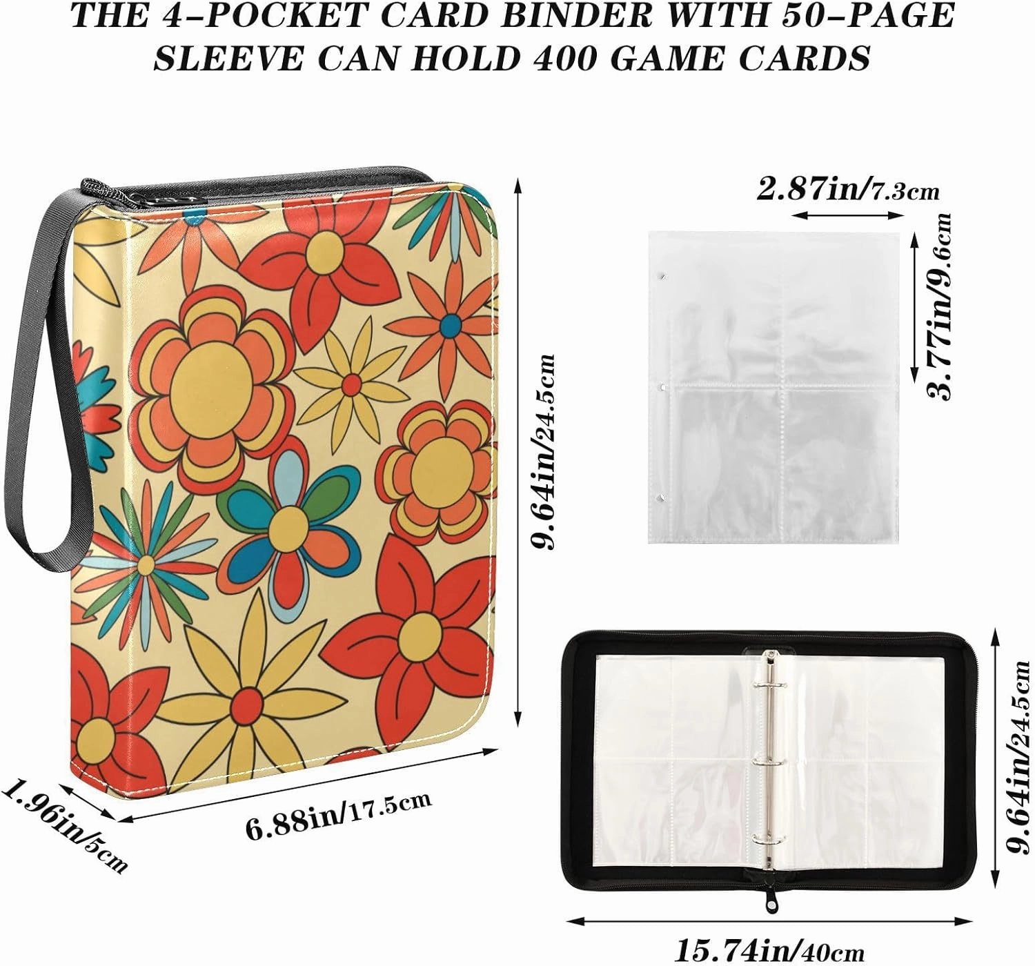 Card Binder Sports Card Binder Trading Card binder 4 Card Binder for Game Cards Sports Cards Photos Colorful Flowers