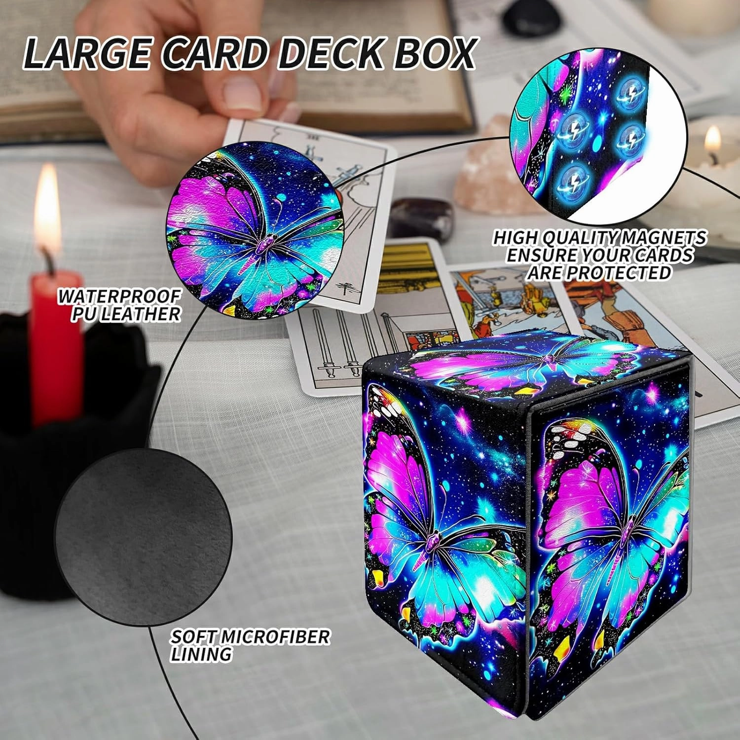 Card Deck Box Trading Cards with Strong Magnet Colorful Butterfly Theme Commander Storage Magic Premium Card Case for TCG CCG Magic Cards