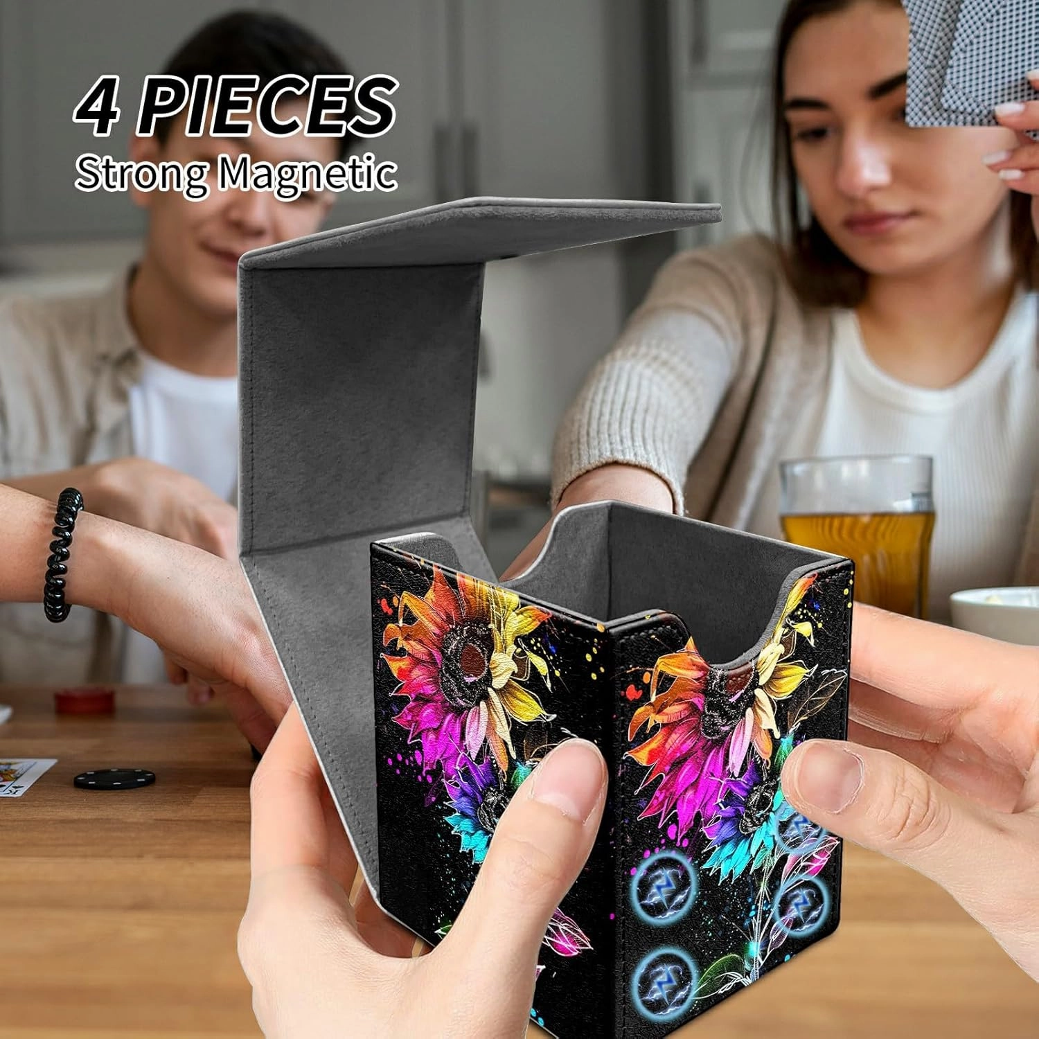 Card Deck Box Trading Cards with Strong Magnet Colorful Sunflowers Theme Commander Storage Magic Premium Card Case for TCG CCG Magic Cards