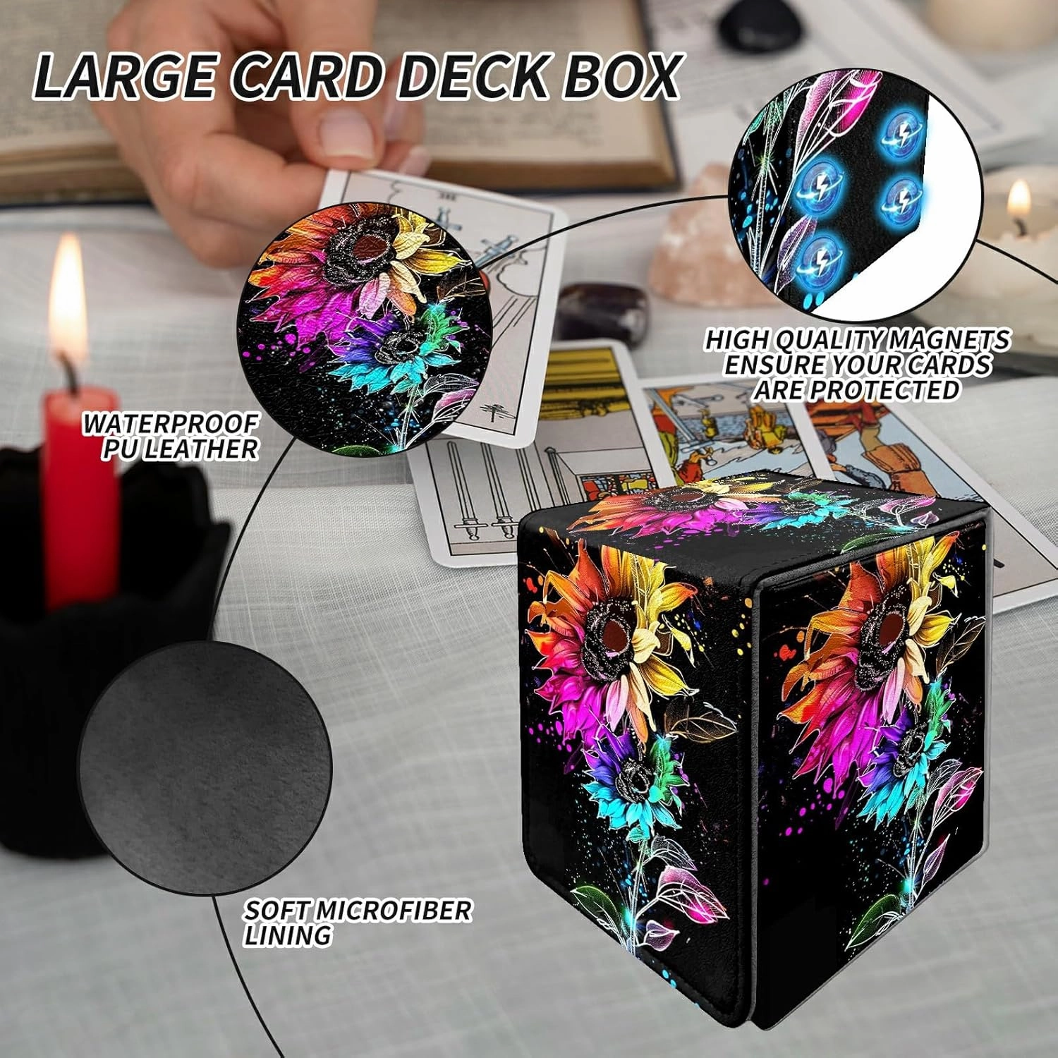 Card Deck Box Trading Cards with Strong Magnet Colorful Sunflowers Theme Commander Storage Magic Premium Card Case for TCG CCG Magic Cards