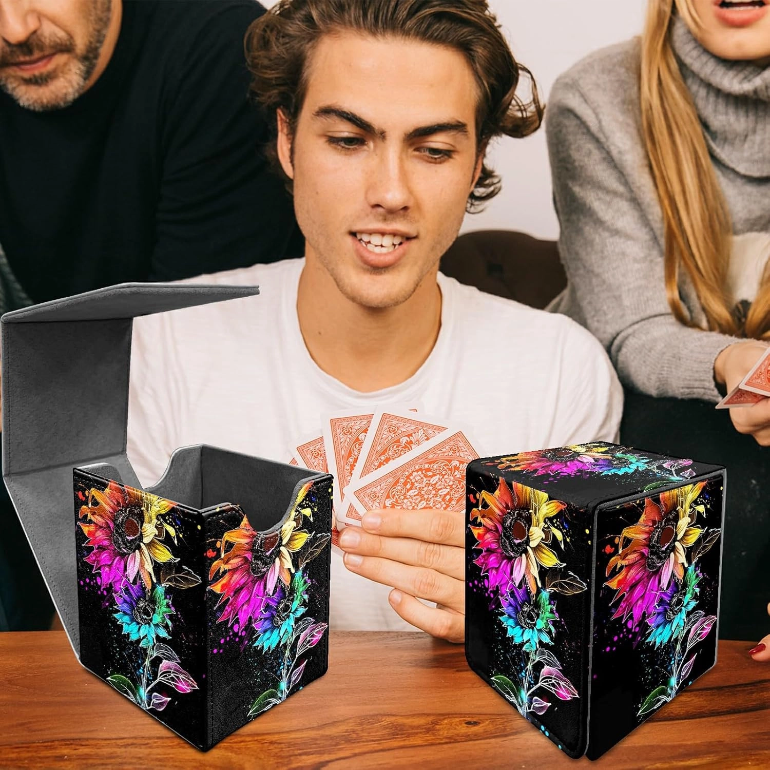Card Deck Box Trading Cards with Strong Magnet Colorful Sunflowers Theme Commander Storage Magic Premium Card Case for TCG CCG Magic Cards