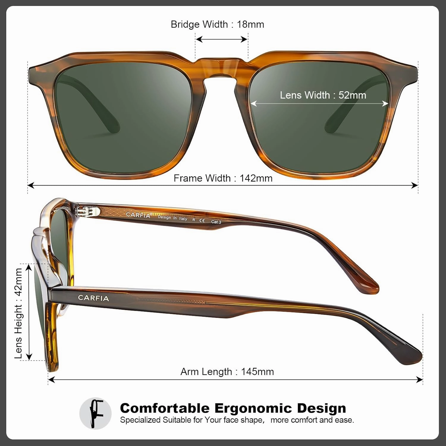 CARFIA Square Mens Sunglasses Polarized UV400 Protection Retro Modern Style Premium Acetate Shades