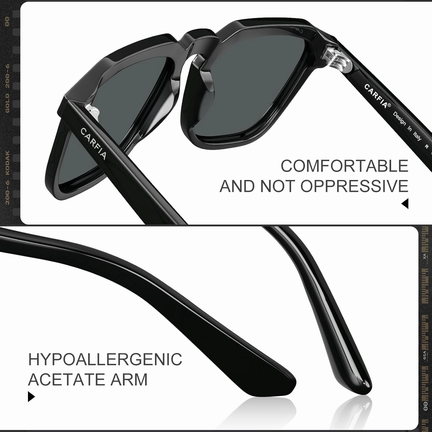 CARFIA Square Sunglasses for Men Polarized Retro 60s Design, Hand-crafted Acetate, UV400 Protection Cool Sun Glasses