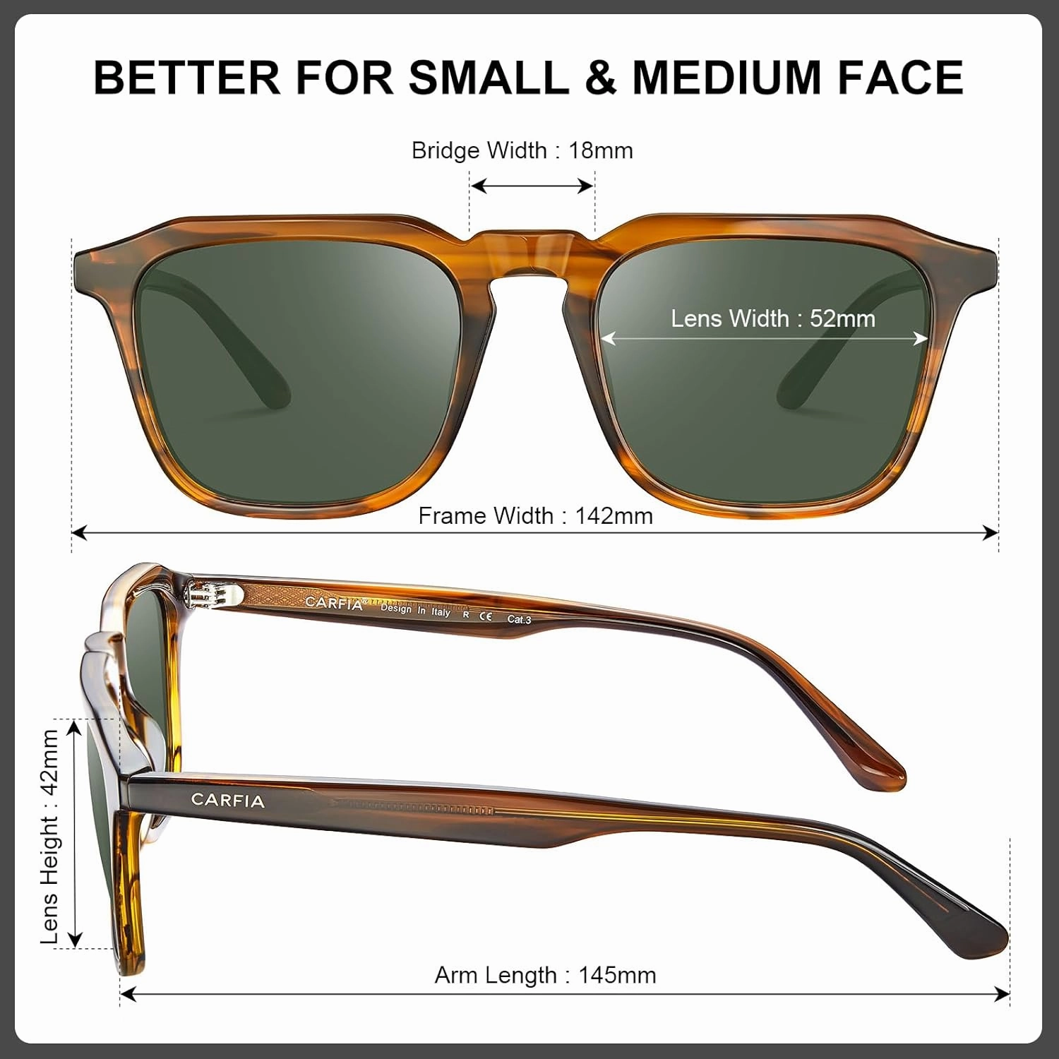 CARFIA Square Sunglasses for Men Polarized Retro 60s Design, Hand-crafted Acetate, UV400 Protection Cool Sun Glasses