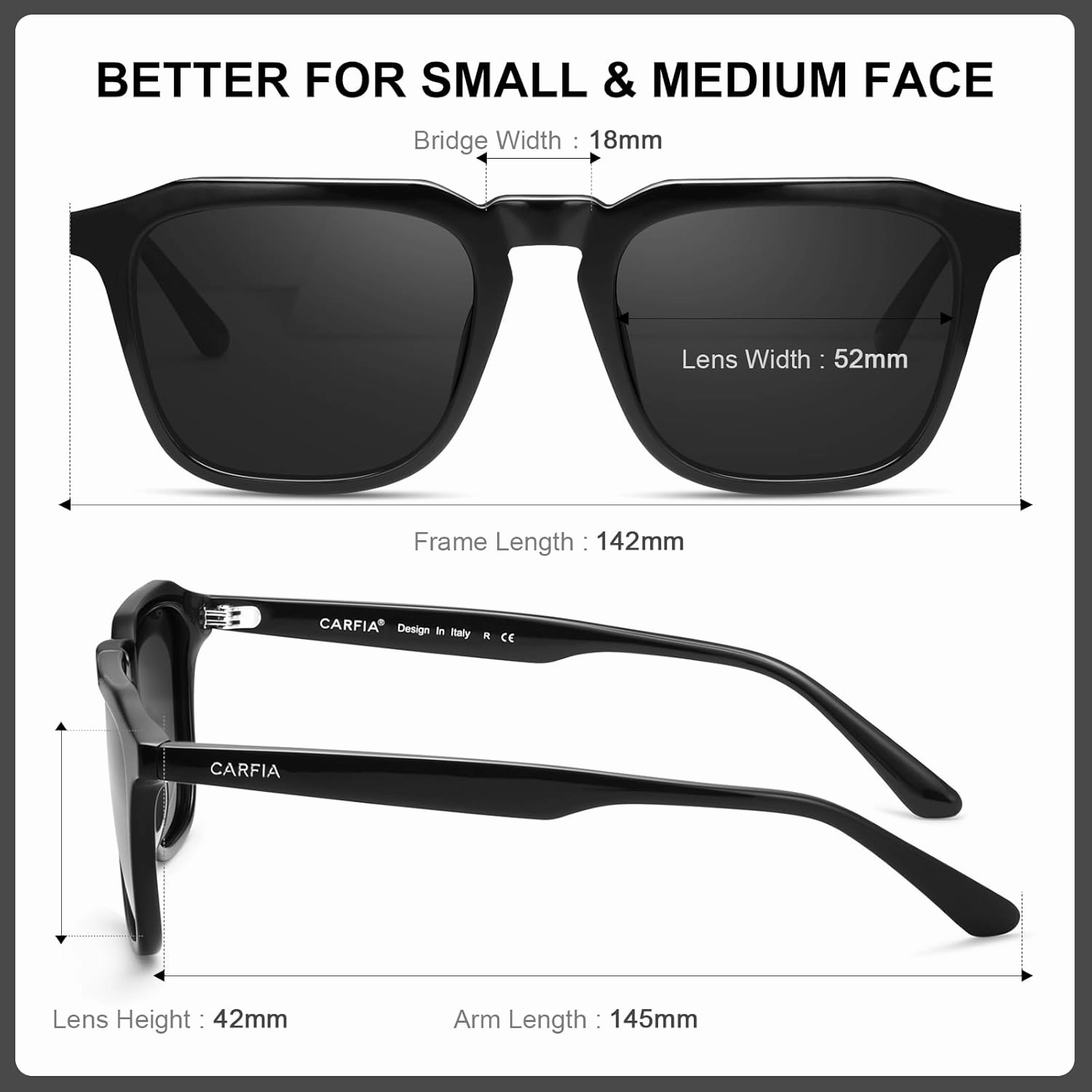 CARFIA Square Sunglasses for Men Polarized Retro 60s Design, Hand-crafted Acetate, UV400 Protection Cool Sun Glasses