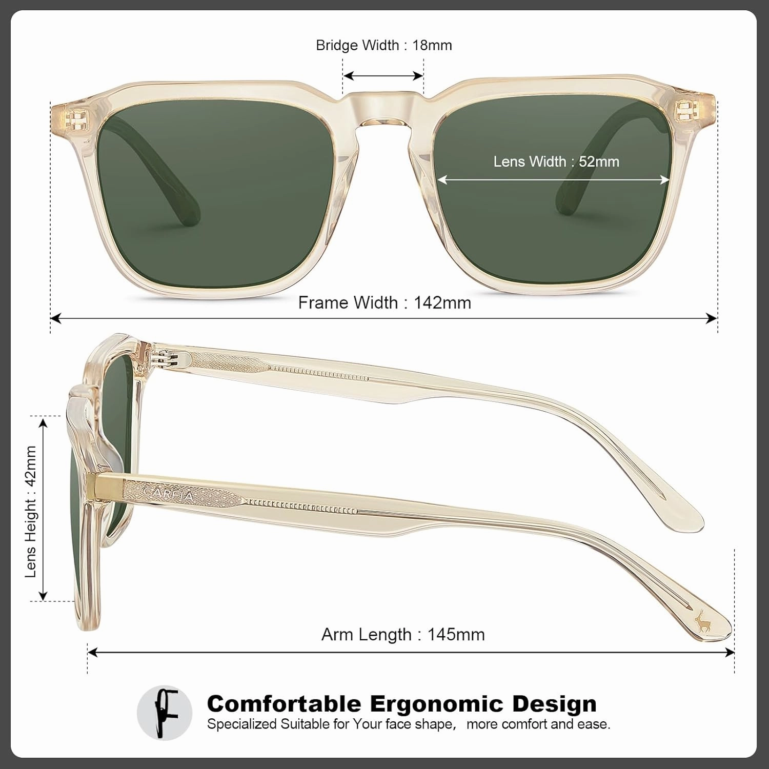 CARFIA Square Sunglasses for Men Polarized Retro 60s Design, Hand-crafted Acetate, UV400 Protection Cool Sun Glasses
