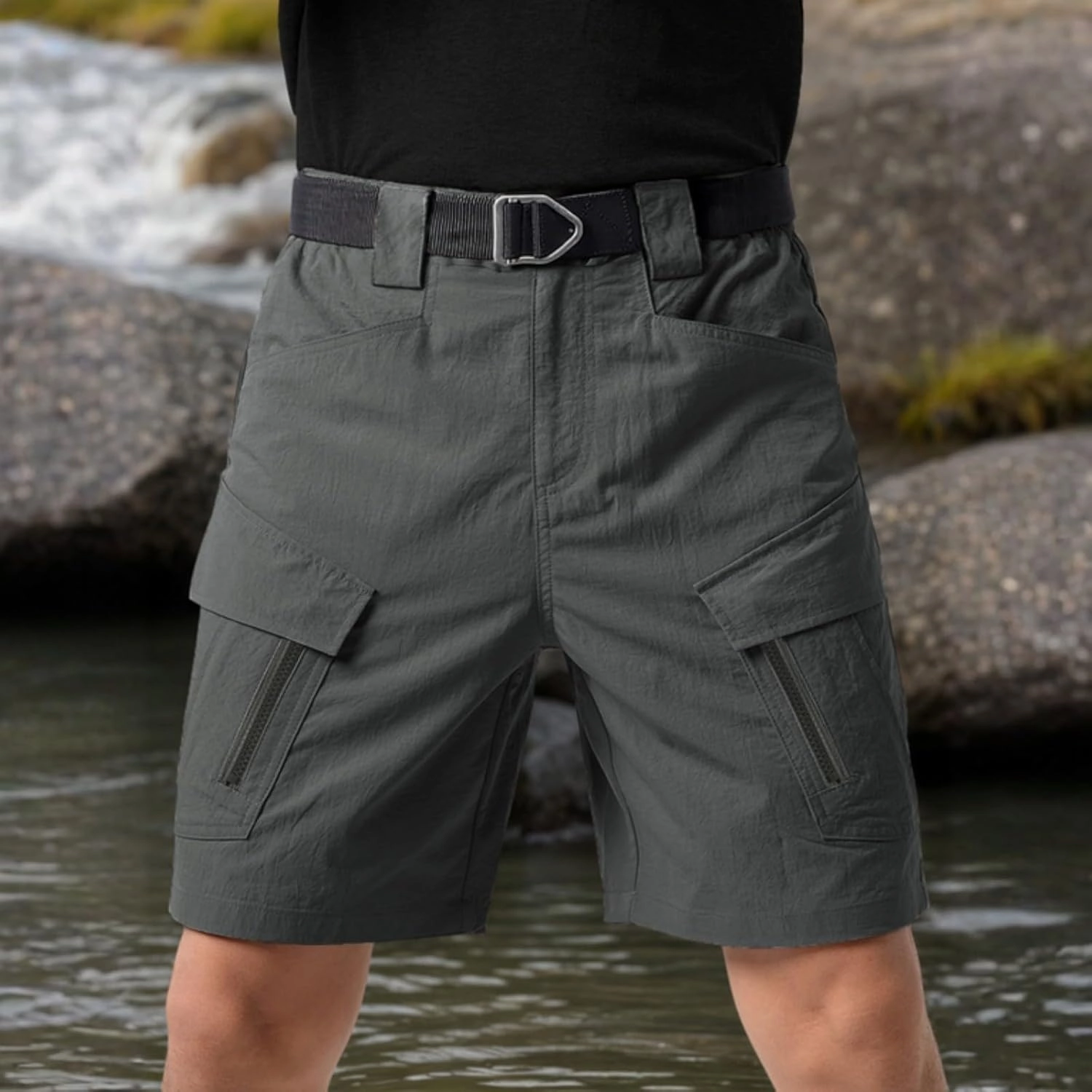 Cargo Shorts for Men's Full Lightweight Elastic Waist Loose Fit Pants Outdoor Hiking Fishing Muti-Pocket Shortss (No Belt)
