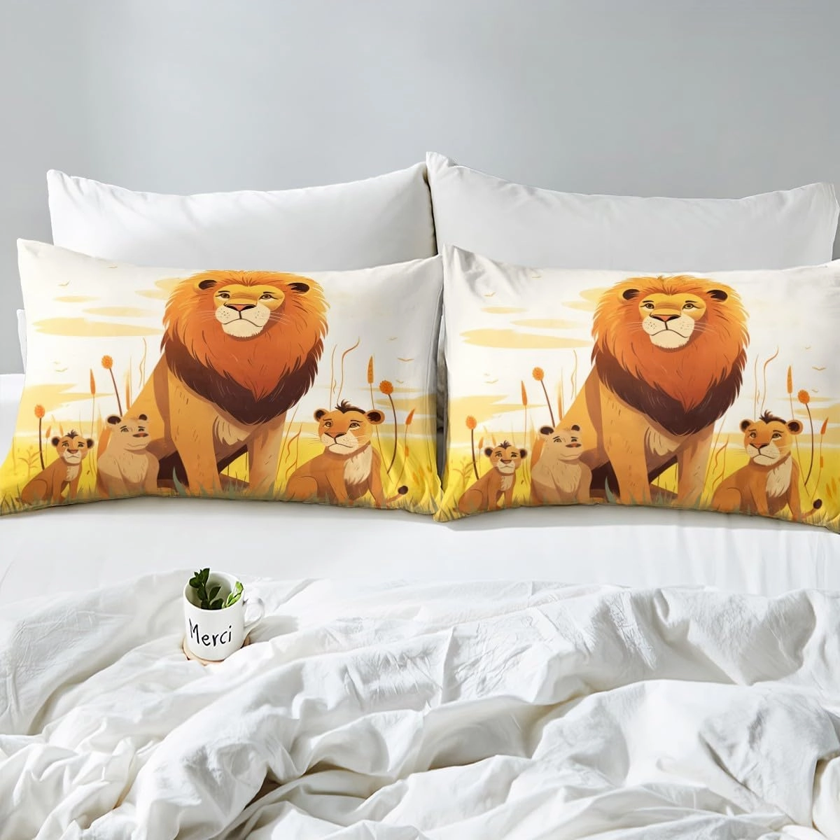 Cartoon Lion Kid Duvet Cover Set Queen Size,Cute Animal Bedding Set Girl Boy Room Decor,Prairie Scenery African Wildlife Comforter Cover 3Pcs,Kawaii Lions Bedspreads Cover,2 Pillowcases(NO Comforter)